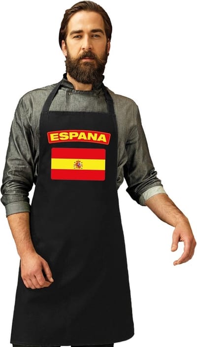 Spanje thema vlag barbecueschort - tapas maken - keukenschort - zwart - volwassenen - heren en dames - cadeau - Spaanse avond