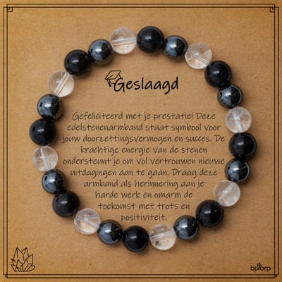 Bixorp Hematiet + Bergkristal + Obsidiaan Armband op Cadeau Kaartje - Geslaagd - 8mm / 18cm Edelsteen Kralenarmband - Inclusief Cadeau Envelop