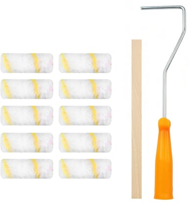 Verfrollers, kleine verfroller voor binnenmuur, kleine verfroller, 10 cm, met 1 handvat, 1 houten staaf om te mengen, voor interieurdecoratie, schilderen, doe-het-zelf