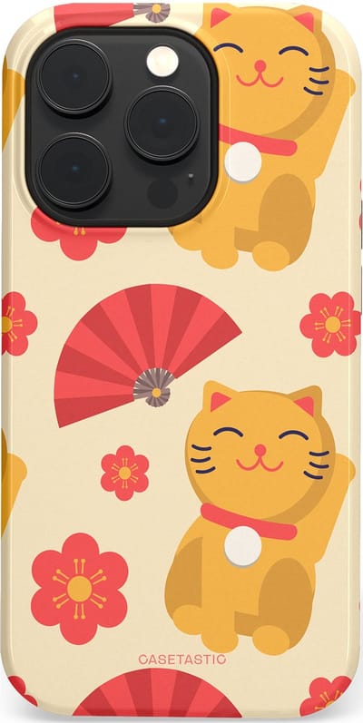 Casetastic hoesje geschikt voor Apple iPhone 14 Pro - MagSafe - Dubbellaagse bescherming - Japanse Poezenvreugde - Lucky Cats - Fashion Case - Crème Koraal Goud