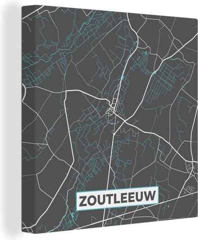 Canvas Schilderij Plattegrond – Zoutleeuw – Blauw – Stadskaart - Kaart - 20x20 cm - Wanddecoratie