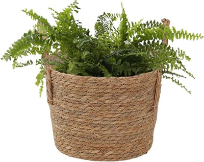 Famanu – Plantenmand set van 2 gevlochten stro met lekvrije voering voor binnen en buiten