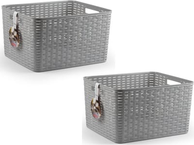 Plasticforte Opbergmand - 2x - Kastmand - rotan kunststof - zilver - 28 Liter - 34 x 40 x 23 cm