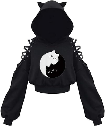 Off Shoulder Hoodie Dames met Kitty Oortjes en Lintjes - Korte Sweatshirt Trui