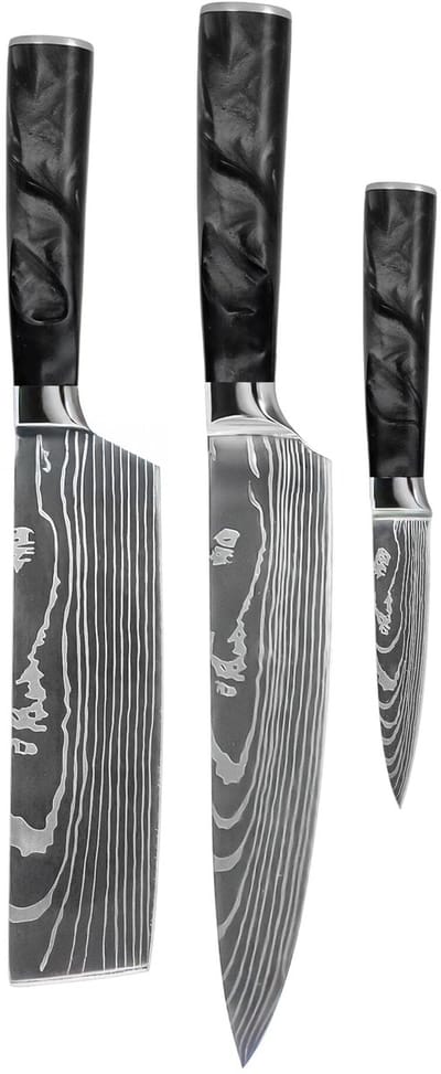 Shinrai Knives - Damascus Print Epoxy Onyx 3-delige Messenset - Koksmes + Nakiri + Schilmes