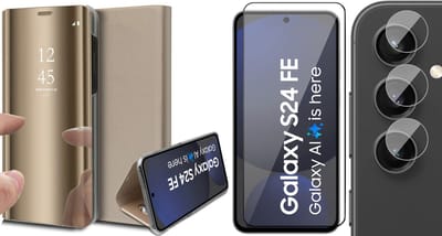 Hoesje geschikt voor Samsung Galaxy S24 FE - Screenprotector Volledig Dekkend Glas & Camera - Spiegel Book Case Goud
