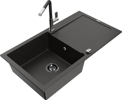 Mexen Leo granieten gootsteen 1-kamer met afdruiprek en keukenmengkraan Flora, zwart/gouden metallic - 6501-75-670401-07-B
