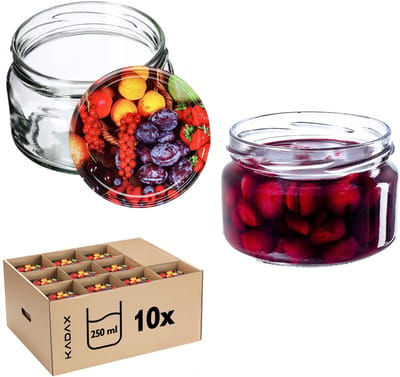 KADAX Kleine inmaakpotten, 250 ml, jampotten met deksel, luchtdichte potten om cadeau te geven, mini-potten voor honing en specerijen (10 stuks, fruit)