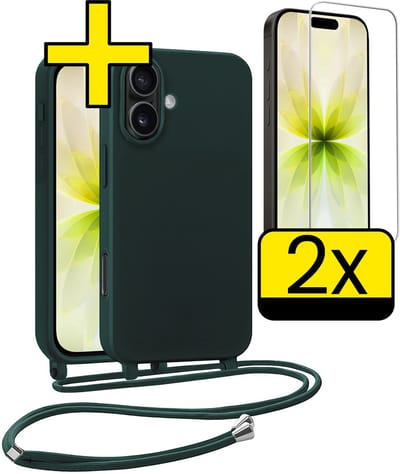 Hoesje Geschikt voor iPhone 17 Hoesje Met Koord Met 2x Screenprotector Siliconen Case - Hoes Geschikt voor iPhone 17 Backcover Met Afneembaar Koord - Donkergroen