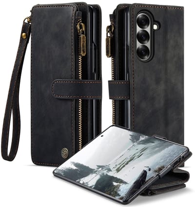 Geschikt voor Samsung Galaxy Z Fold 7 Hoesje - Wallet Case met Pasjeshouder - Kickstand - Polskoord -Draadloos Opladen - Zwart