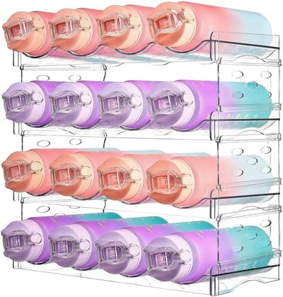 Famanu – Transparante stapelbare waterfles-organizer set van 4, flessenrek voor 16 flessen voor keuken, werkblad en koelkast