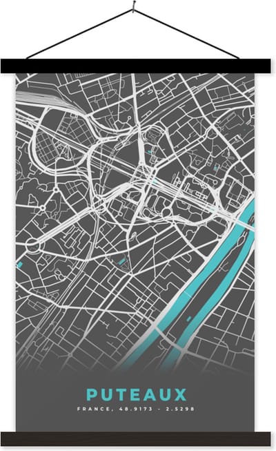 Posterhanger incl. Poster 40x60 cm - Schoolplaat - Puteaux - Stadskaart - Kaart - Plattegrond - Frankrijk - Textielposter - Zwarte latten - Stadskaart