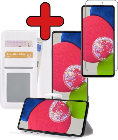 Hoesje - Met Screenprotector - Geschikt voor Samsung Galaxy A52s 5G - Luxe Pasjeshouder - Flipcase - Bookcase Portemonee - Flip Case - Kunstleer Book Case - Book Cover - Walletcase - Portemonneehoes - Telefoonhoes - Wit