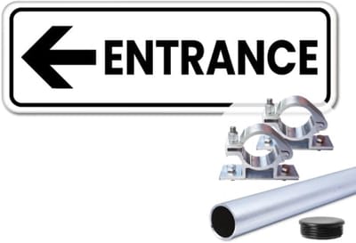 Bord Entrance pijl links - Weerbestendig Aluminium - 40x15 cm - Bevestiging: Met paal 120 cm + paalbeugels + paaldop