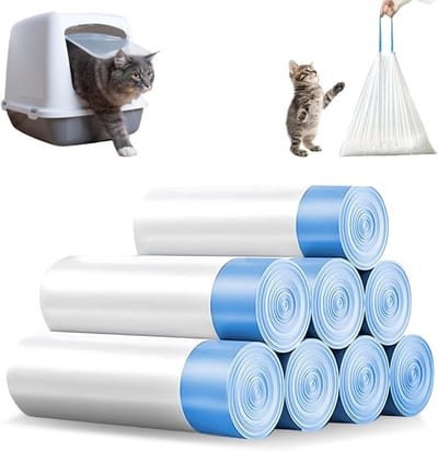 Kattenbakvulling met 8 Rollen en 45 x 50 cm Kattenbak Liner voor Eenvoudige Vervanging en Onderhoud van de Kattenbak met Trekkoord