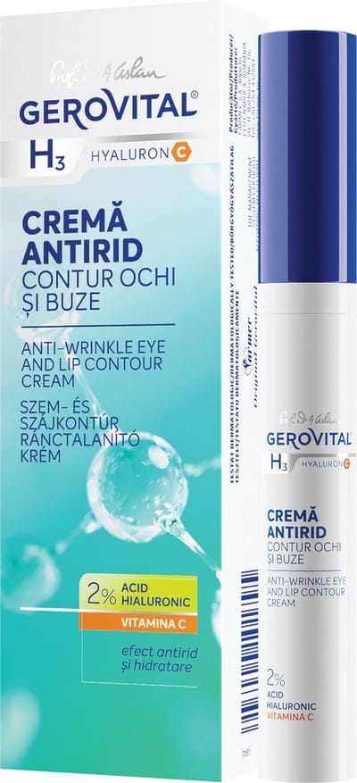 Gerovital Oogcrème & Lipcontourcrème met 2% Hyaluronzuur – Anti-Rimpel Oogcrème met Vitamine C & E – Tegen Fijne Lijntjes en Expressierimpels – 15 ml