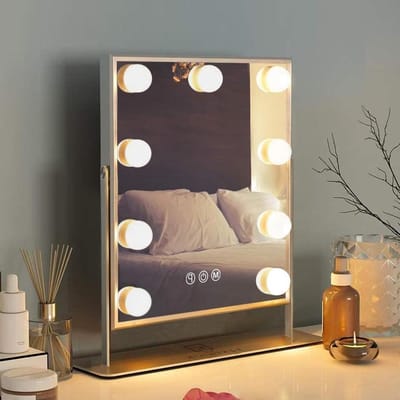 Verlichte 360° draaibare make-up spiegel met 9 dimbare LED lampen - Cosmetische spiegel met licht en 3 lichtkleuren - 25x30 cm