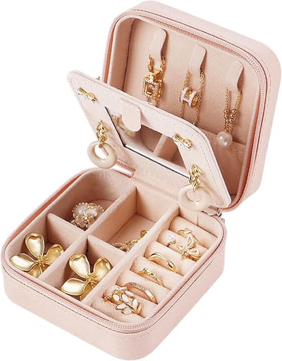 Draagbare sieradenbox voor het organiseren van oorbellen, ringen, kettingen en armbanden, 10 x 10 x 5 cm, ideaal voor reizen en opslag van sieraden