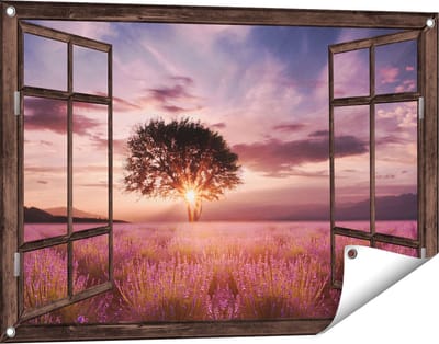 Gards Tuinposter Doorkijk Bloemenveld met Lavendel bij Zonsondergang - 90x60 cm - Tuindoek - Tuindecoratie - Wanddecoratie buiten - Tuinschilderij