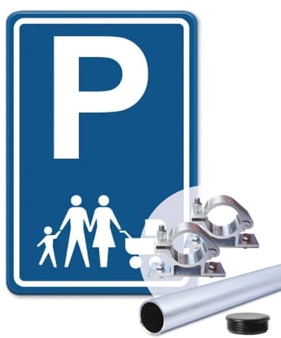 Parkeerbord Gezin - blauw - Weerbestendig Aluminium - 30x45 cm - Bevestiging: Met paal 150 cm + paalbeugels + paaldop