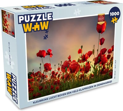 Puzzel Kleurrijke lucht boven een veld Klaprozen in Denemarken - Legpuzzel - Puzzel 1000 stukjes volwassenen