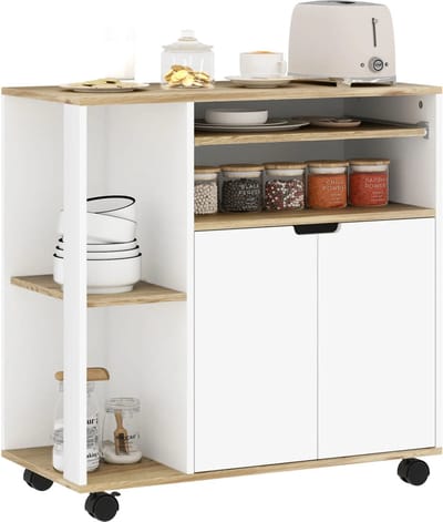Keukeneiland - Verplaatsbaar - Keukenkast - Dressoir - Organizer - Kasten - Houten Werkblad - Wit
