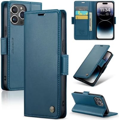 CaseMe Wallet Case met RFID Bescherming en Magneetsluiting voor iPhone 14 Pro _ Blauw