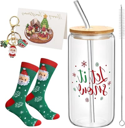Kerstbekers met Deksel - Glazen Mok Drinkbeker - Feestelijke Drankjes - Uniek Kerst Design - 500 ml - Helder Glas