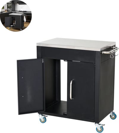 Keukeneiland - Verplaatsbaar - Keukenkast - Dressoir - Organizer - Kasten - Houten Werkblad - Lade - Zwart
