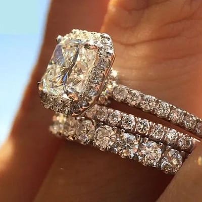 Huitan Moderne Mode Geometrisch Vierkant Zirkonia 3-delige Set Damesringen Nieuwe Trendy Bruiloft Feestringen Luxe Sieraden 7 beige