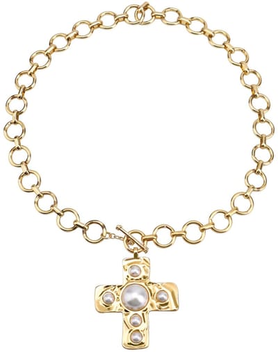 Dailygoods- Kruisketting Gouden Dikke Statement - Gehamerde Ketting - Sieraden voor Vrouwen - Imitatieparel/IJzer - 46 cm Omtrek - 4,8 x 4,4 cm Hanger - Sieraad