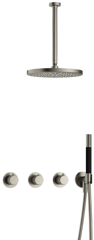 Hotbath Cobber X IBSX70 inbouw regendoucheset met staafhanddouche aan houder en 30cm ronde hoofddouche aan 30cm plafondarm geborsteld nikkel