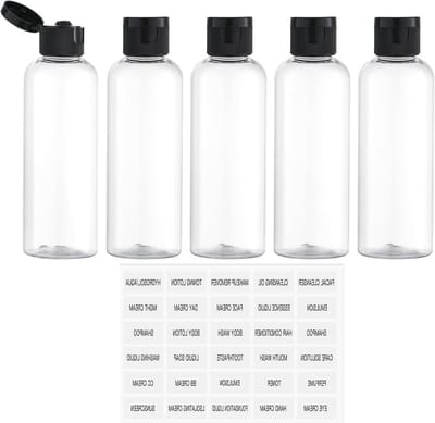 Reisflessen Set van 5 (100 ml) voor Handbagage, Transparant, Lekvrij en Inclusief Etiketten voor Organisatie