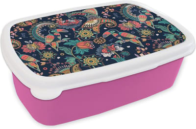 Broodtrommel Roze - Lunchbox - Brooddoos - Toekan - Vogel - Regenboog - Jungle - Patroon - 18x12x6 cm - Kinderen - Meisje