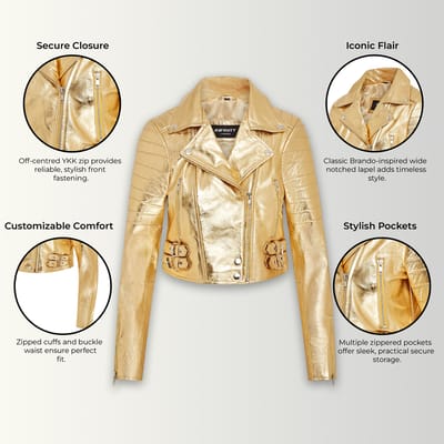 Dames Gouden Cropped Brando Leren Bikerjack - Damascus