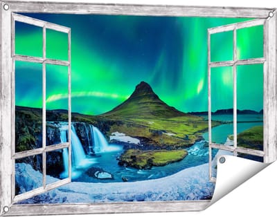 Gards Tuinposter Doorkijk Noorderlicht bij de Watervallen in IJsland - 90x60 cm - Tuindoek - Tuindecoratie - Wanddecoratie buiten - Tuinschilderij