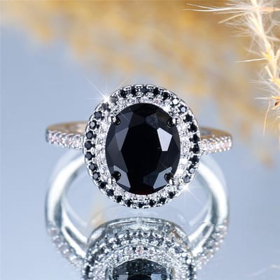 Bagues Ovales en Zircon Noir Cristal de Luxe pour Femmes Anneau de Mariage Couleur Cuivre Vintage Bijoux de Mariée Cadeau de Fiançailles 7