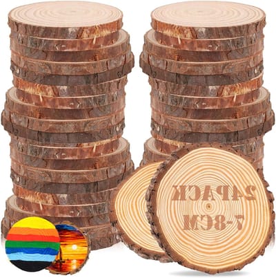 24 Stuks Houten Schijven voor Decoratie - Ronde 7-8 cm Diameter, Ideaal voor DIY Knutselprojecten, Bruiloft Centraal Stuk en Kerstdecoratie