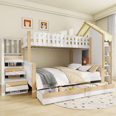 HAUSS SPOLE Stapelbed 90x200cm+140x200cm - Ruim Onderbed & Veilig Bovenbed Met Huisdak - Veel Opbergruimte Met 4 Laden - Grenen/MDF - Wit+Naturel - Zonder Matras