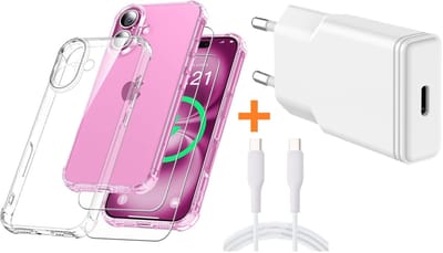 USB C Adapter - USB C Snellader 20W Met 1m Kabel - Hoesje Geschikt voor iPhone 16 transparant Anti Shock silicone met 2x screenprotector- Ntech COMBI-SET