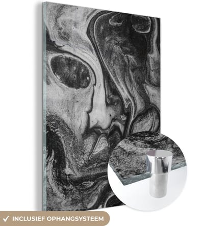 Glasschilderij zwart wit - Zwart - Graniet - Wit - Steen - 120x160 cm - Schilderij glas - Woonkamer decoratie
