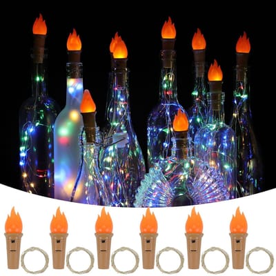 JHUBERS- Flessenlichtketting Kurk - 6 Stuks - Warmwit LED - Vlamvorm - Creatief Cadeau - Verlichtingsduur 8-10 Uur - Decoratieve Verlichting