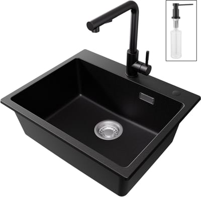 CECIPA max Granieten Spoelbak 55*45cm - Spoelbakken Met Keukenkraan en Zeepdispenser - Spoelbak Keuken Zwart - Spoelbakken Keuken - Wasbak Keuken Met Waterafvoersysteem