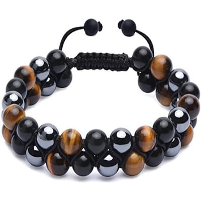 Bracelet Œil de Tigre 8mm Œil de Tigre Perles de Pierre Noire Bracelet Cordon Élastique Ajustable Double Couche black
