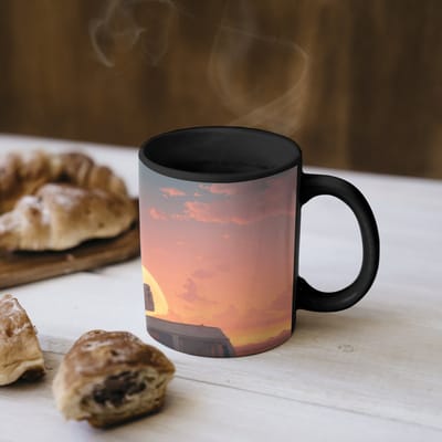 Magische Mok - Foto op Warmte Mokken - Koffiemok - Busje - Kat - Zonsondergang - Oranje - Magic Mok - Beker - 350 ML - Theemok