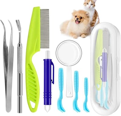 Famanu - 8 PCS Professionele Tekentang Set voor Honden en Katten -, Inclusief Tekenpincet, Tekenhaak en Kam - Veilig en Eenvoudig Verwijderen van Teken