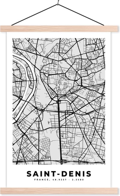 Posterhanger incl. Poster 40x60 cm - Schoolplaat - Stadskaart - Frankrijk - Kaart - Saint-Denis - Plattegrond - Textielposter - Blanke latten - Stadskaart