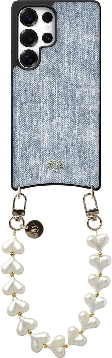 AVY Hoesje Geschikt voor Samsung Galaxy S25 Ultra | Compatibel met MagSafe | Kunstleren Case met Telefoonkoord | Polsband | Denim | Cupid Pearl