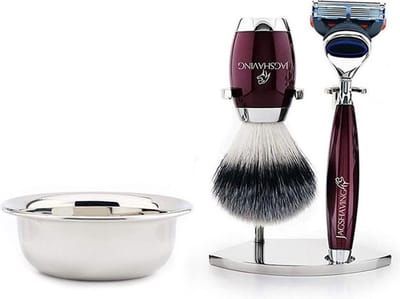 Complete scheerset voor mannen, Scheerset in kastanjebruine kleur met scheermes met 5 randen, scheerkwast met synthetische haren, roestvrijstalen kom en standaard, cadeau voor mannen