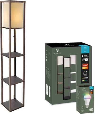 Varin® Vloerlamp met vakken - Donker bruin - Met E27 Led lamp - Dimbaar - Witlicht RGB - Smart Lamp Tuya wifi - Slimme staande lampen - Sfeerlamp - Vakkenkast - Lamp industrieel - Daglichtlamp - Vloerlampen - Verlichting woonkamer, keuken slaapkamer